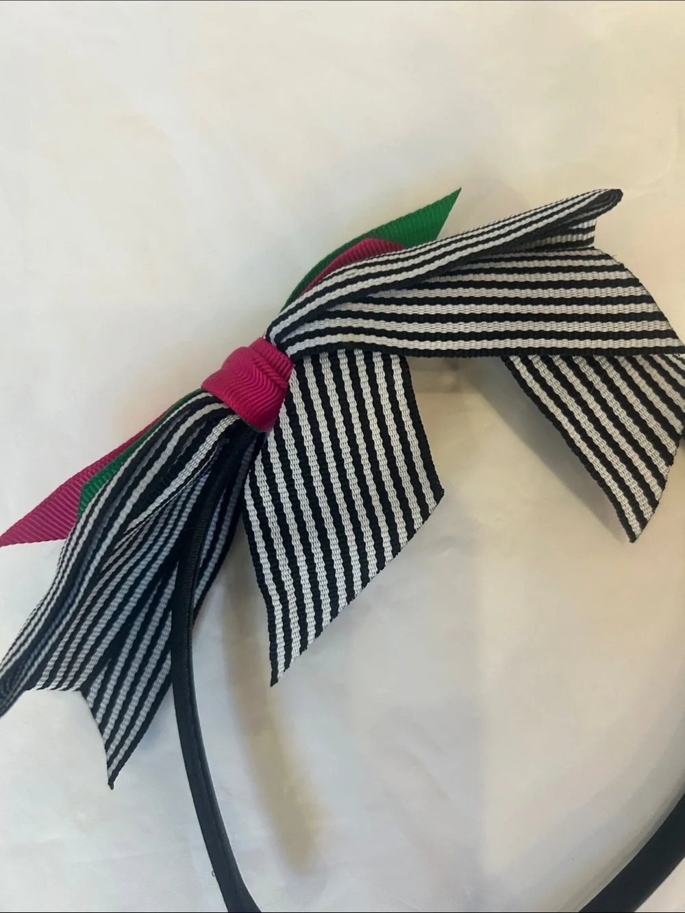 Gymboree Black Headband with Striped Bow and Pink & Green Ribbon